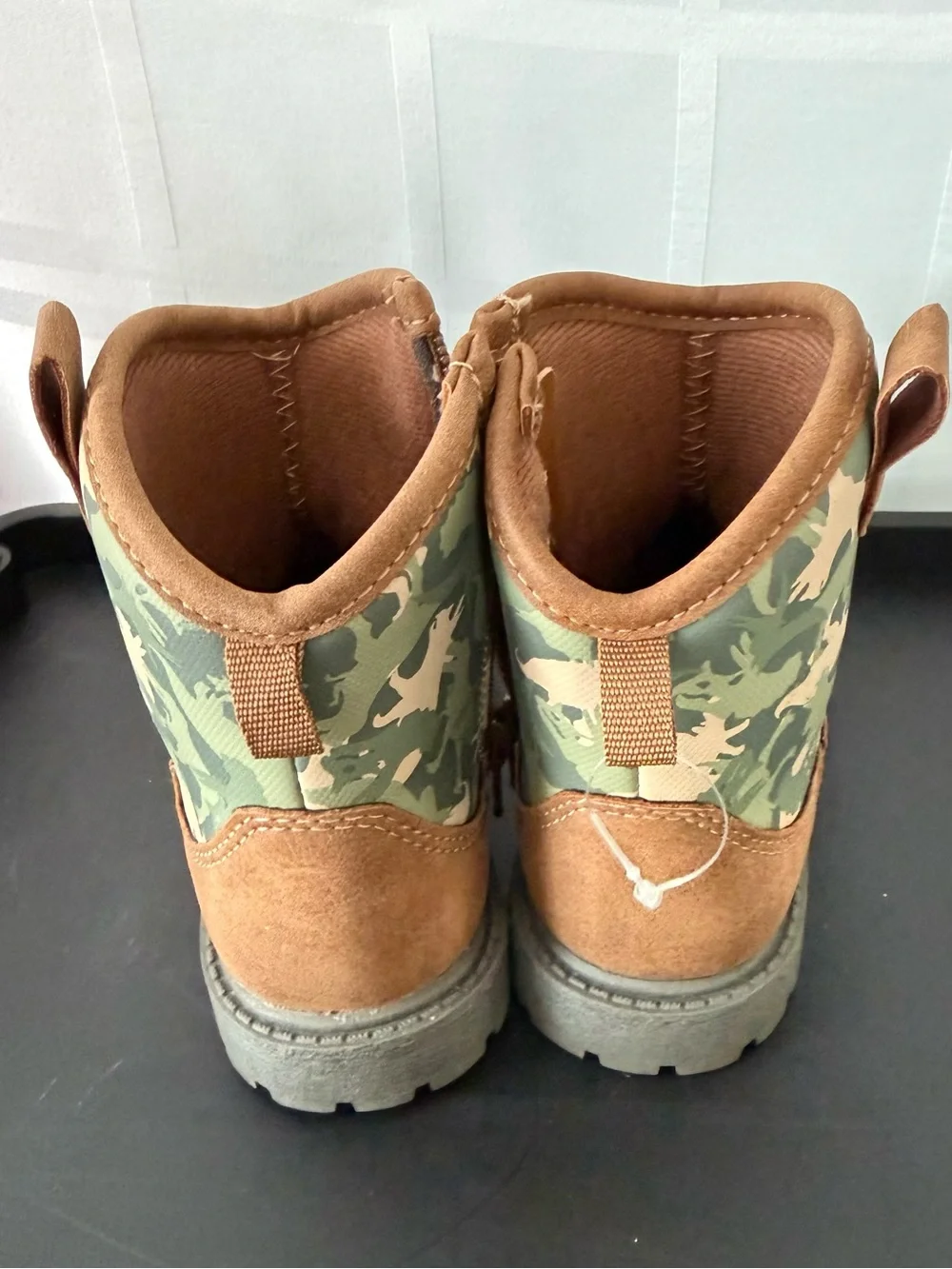 Carter's Brown Suede-Look Ankle Boots with Green Camo Dinosaur Accent